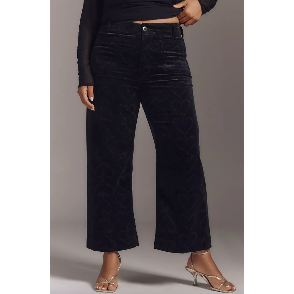 Maeve The Colette Crop Corduroy Heart-Print Pants Charcoal Wide Leg 32 NEW